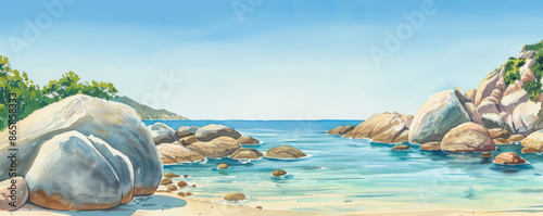 Watercolor tropical escape scene, A serene rocky beach with large boulders and a small boat anchored nearby, under a clear blue sky