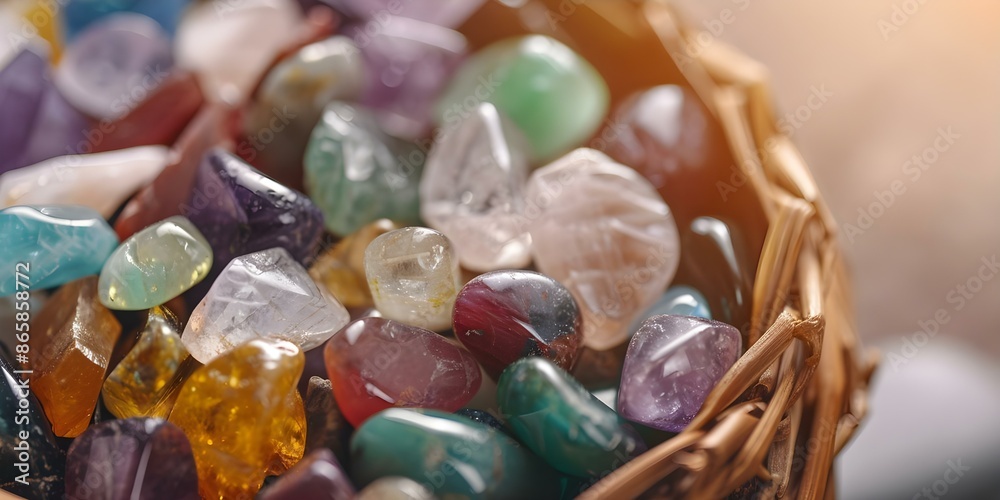 Closeup of basket with freshly mined gemstones in various colors and cuts. Concept Mineral Photography, Gemstone Collection, Precious Stones, Mining Discoveries, Vibrant Colors Closeup of basket with freshly mined gemstones in various colors and cuts. Concept Mineral Photography, Gemstone Collection, Precious Stones, Mining Discoveries, Vibrant Colors