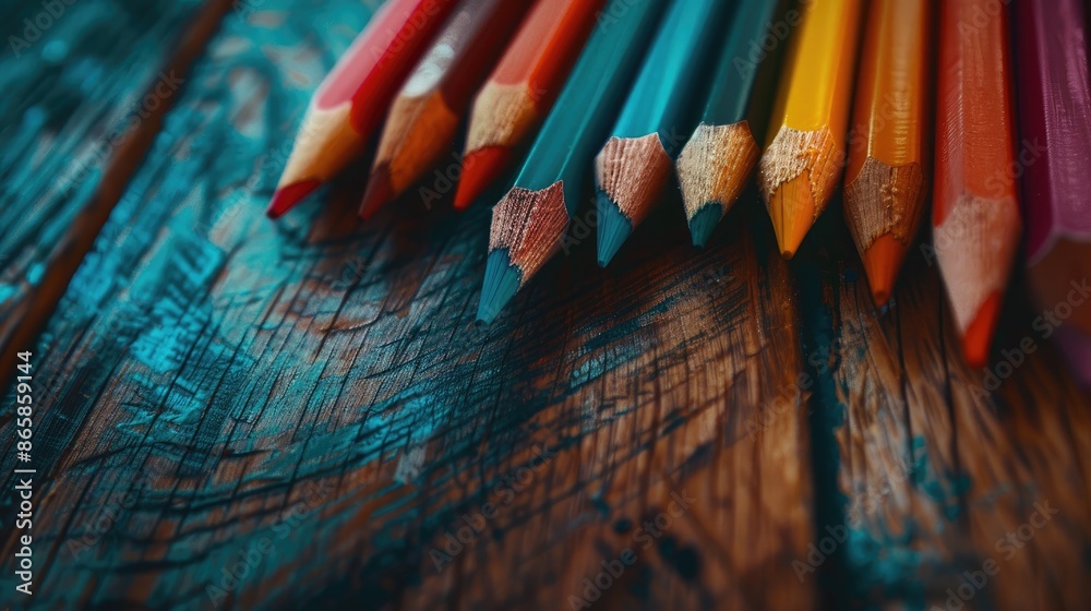 Obraz premium Color pencils displayed on a wooden surface