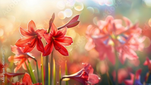 Beautiful meadow of amaryllis flowers close up, summer time on a sunny day, soft focus background, whimsical and Idyllic nature