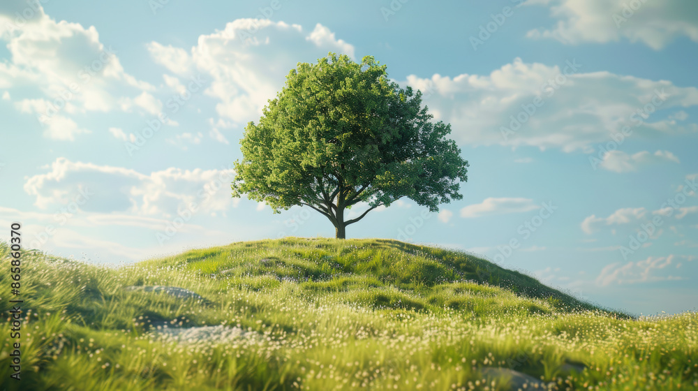 A lone tree stands majestically atop a small, grassy hill, surrounded by a meadow filled with flowers, under a bright blue sky. A lone tree stands majestically atop a small, grassy hill, surrounded by a meadow filled with flowers, under a bright blue sky.