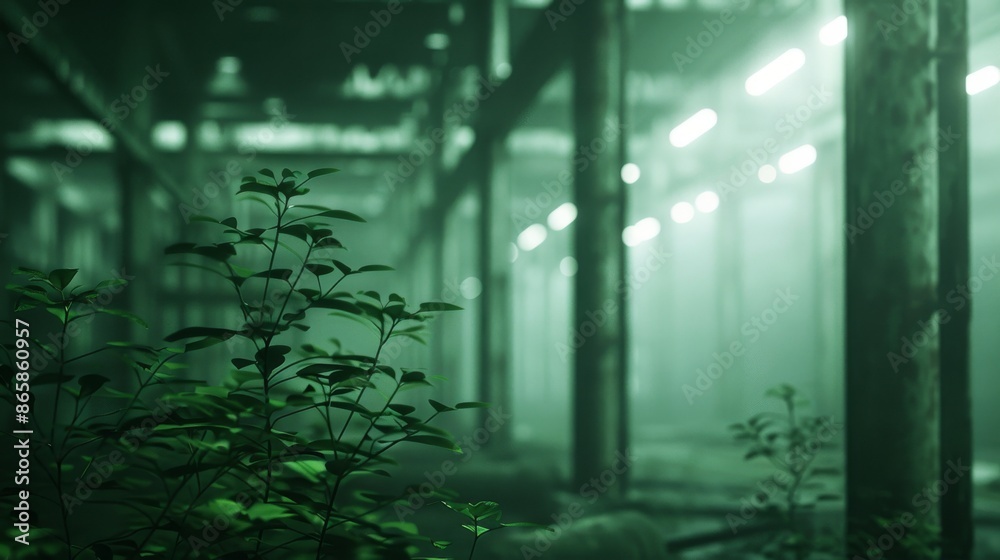 Eerie abandoned industrial warehouse with glowing green lights and overgrown plants, conveying a haunting post-apocalyptic atmosphere. Eerie abandoned industrial warehouse with glowing green lights and overgrown plants, conveying a haunting post-apocalyptic atmosphere.