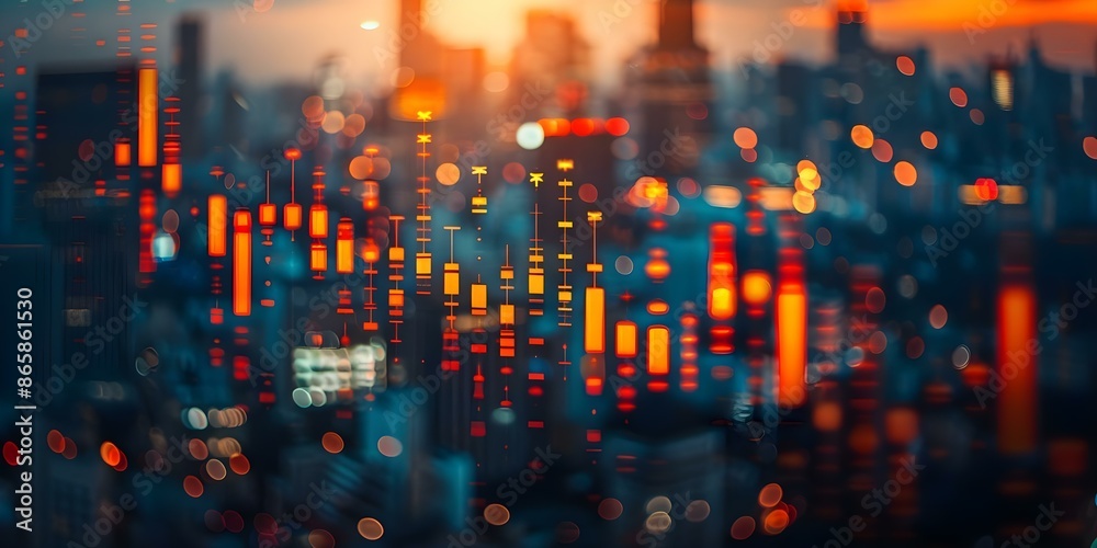 Obraz premium Blurry city backdrop with abstract glowing forex candlestick chart for trade analysis. Concept Cityscape, Abstract Art, Forex Trading, Candlestick Chart, Trade Analysis