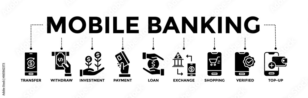 Mobile Banking banner icon set. Vector graphic glyph style with icon of transfer, withdraw, investment, payment, loan, exchange, shopping, verified, and top-up Mobile Banking banner icon set. Vector graphic glyph style with icon of transfer, withdraw, investment, payment, loan, exchange, shopping, verified, and top-up