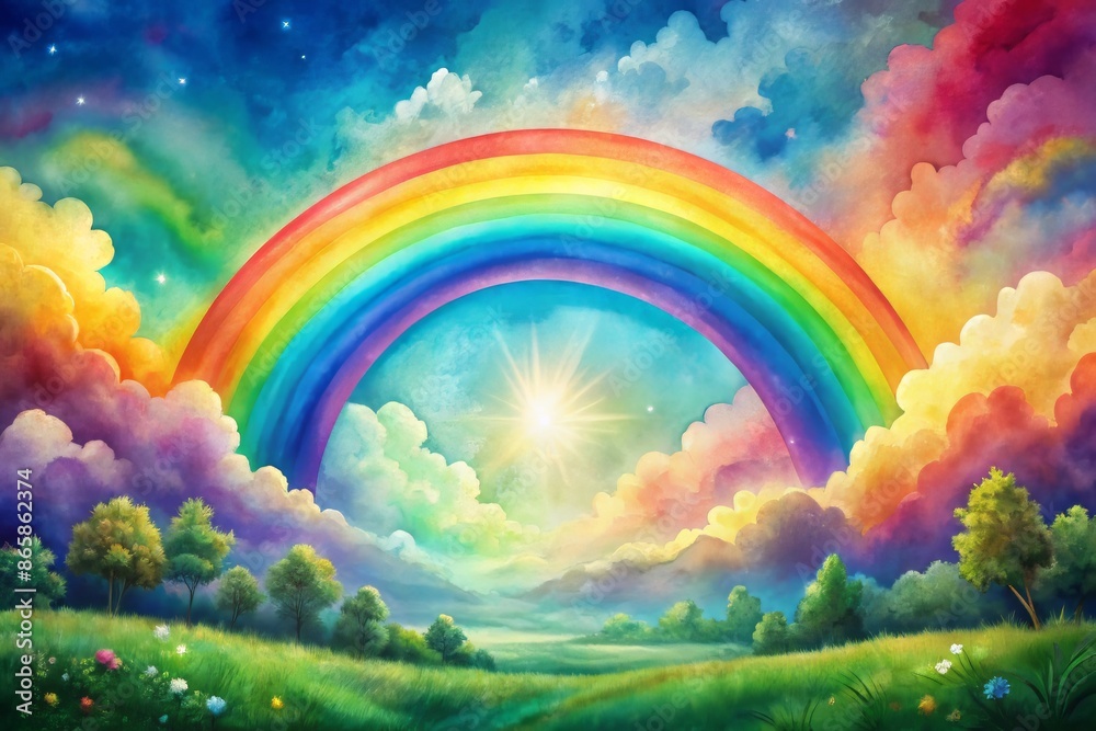Vibrant rainbow bursts with colorful hues and soft, blended edges in a whimsical watercolor illustration, evoking a sense of joy and mystique. Vibrant rainbow bursts with colorful hues and soft, blended edges in a whimsical watercolor illustration, evoking a sense of joy and mystique.