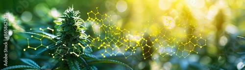 Close-up of hemp plant with glowing hexagonal chemical structures on a sunny day, representing CBD extraction and medical cannabis research. photo