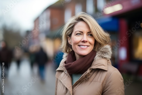 Wallpaper Mural Portrait of happy mature woman in winter coat and scarf on city street Torontodigital.ca