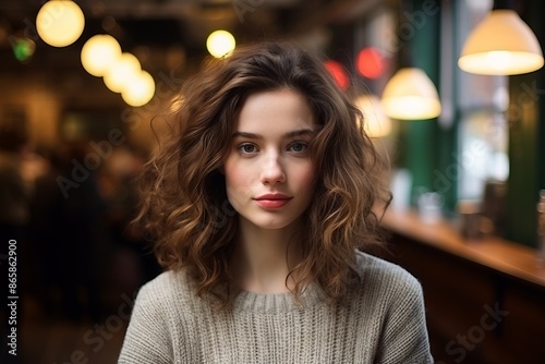 Portrait of a beautiful young woman with curly hair in a cafe