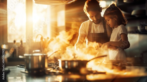 Father and daughter cooking together in a warmly lit kitchen, steam rising from pots as they bond over a meal preparation. photo