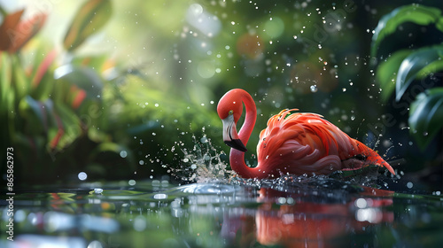 a pink flamingo with a long curved neck and orange beak swims in the water, its reflection visible below photo