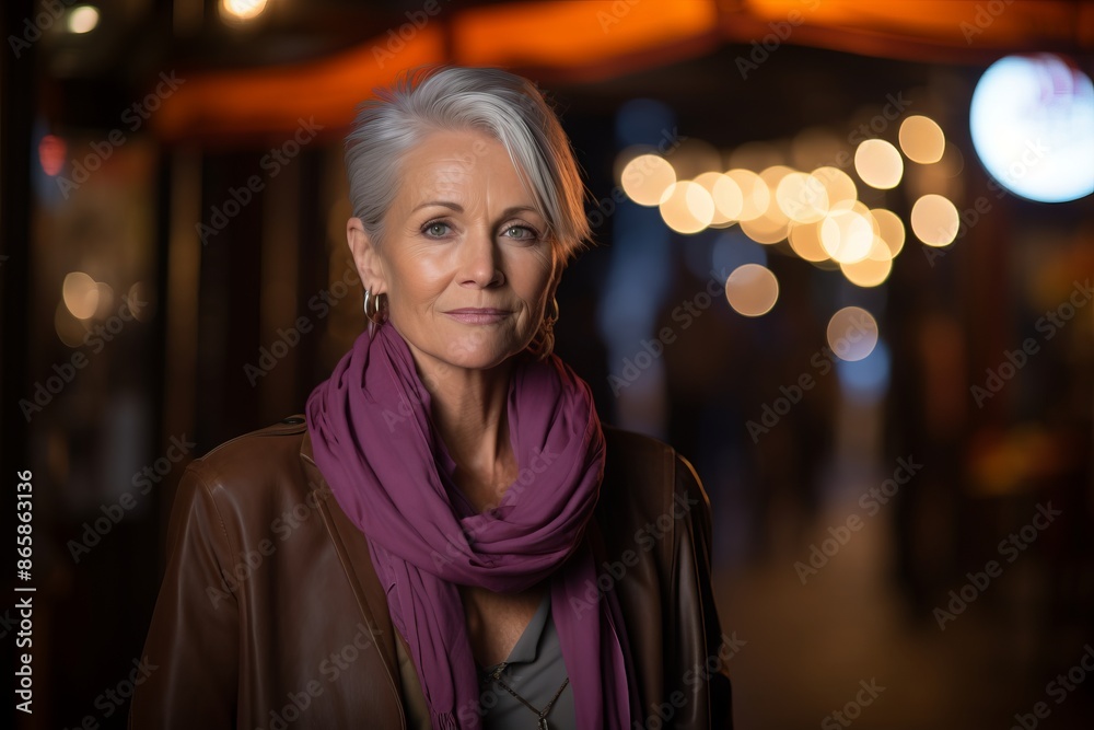 Portrait of a beautiful senior woman with scarf in the city at night Portrait of a beautiful senior woman with scarf in the city at night