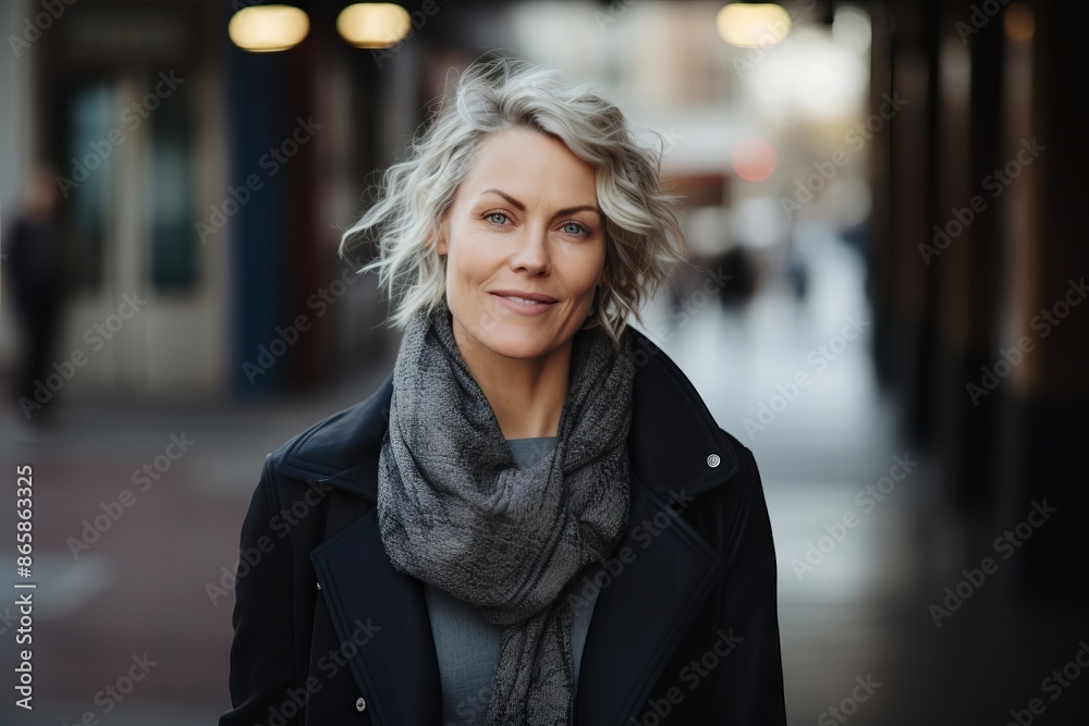 Portrait of a beautiful middle-aged woman in a coat and scarf on the street Portrait of a beautiful middle-aged woman in a coat and scarf on the street
