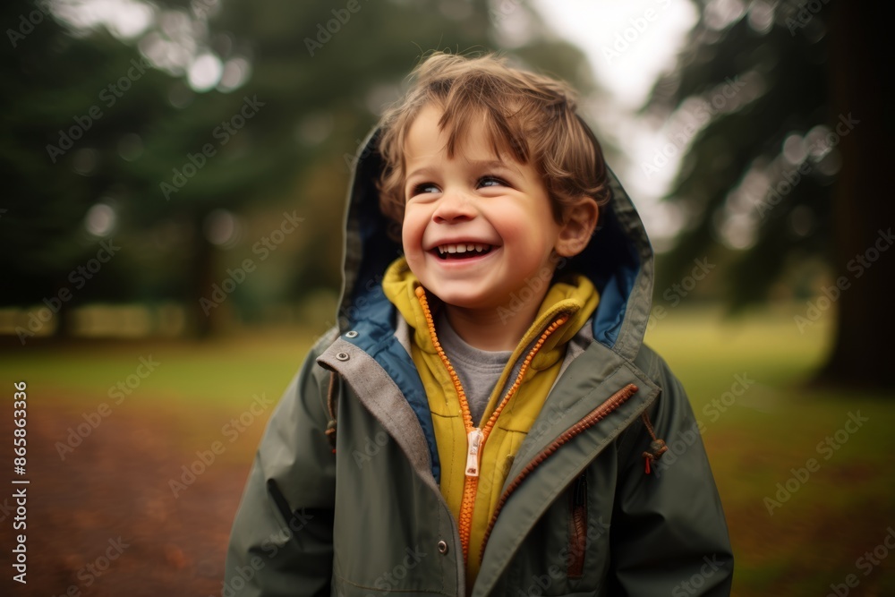 Portrait of a smiling little boy in a raincoat in the park Portrait of a smiling little boy in a raincoat in the park