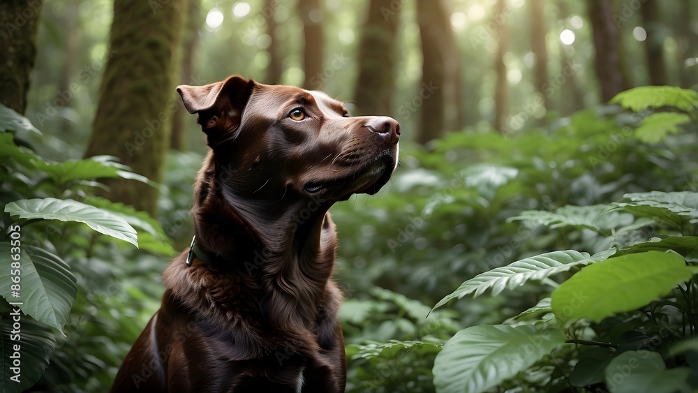 World chocolate day, a majestic chocolate dog in a forest surrounded with cocoa beans and leaves, modern background for posters, cards, advertisement banner World chocolate day, a majestic chocolate dog in a forest surrounded with cocoa beans and leaves, modern background for posters, cards, advertisement banner