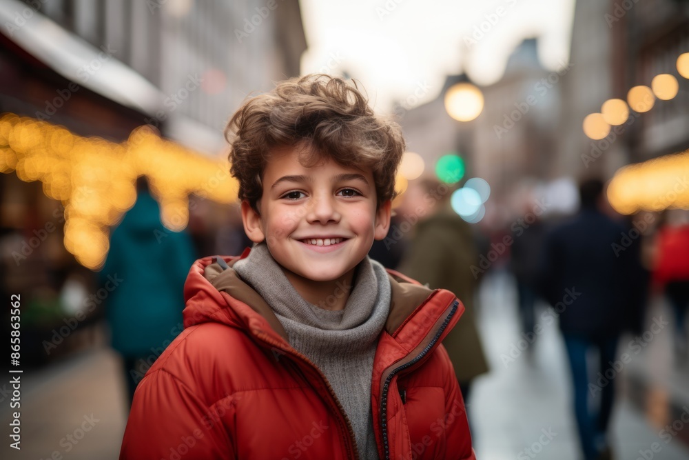 Portrait of a smiling boy in a red jacket on the background of the Christmas market Portrait of a smiling boy in a red jacket on the background of the Christmas market