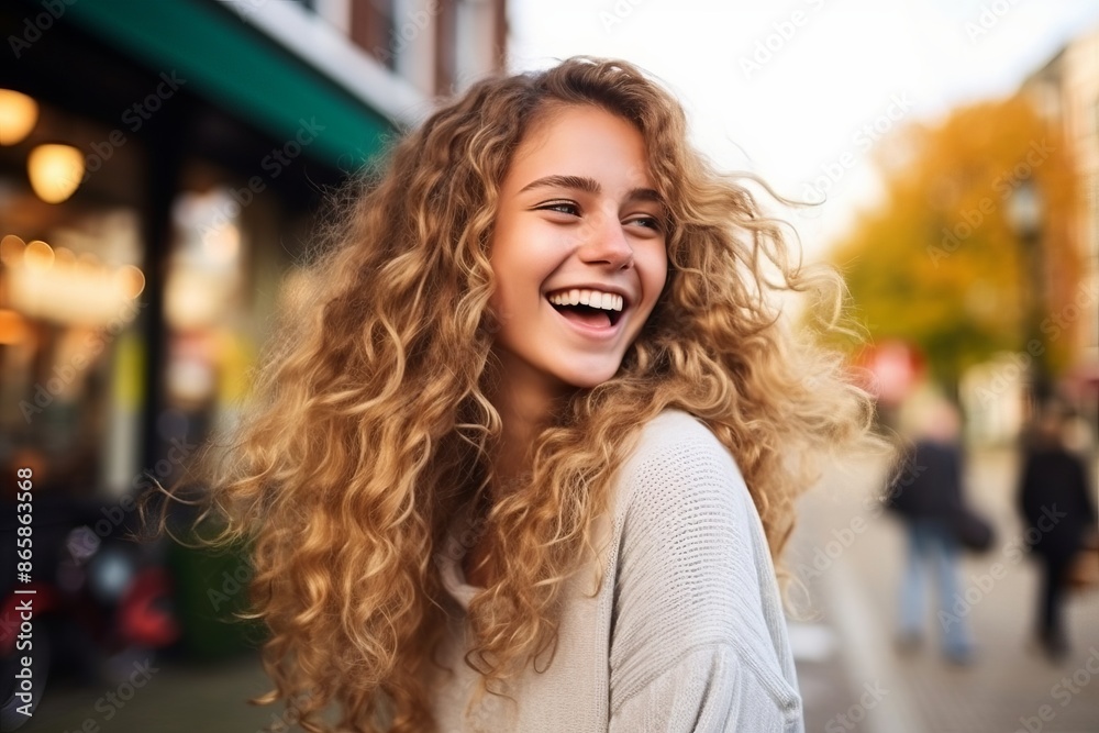 Fototapeta premium Portrait of a beautiful young woman with long curly hair in the city