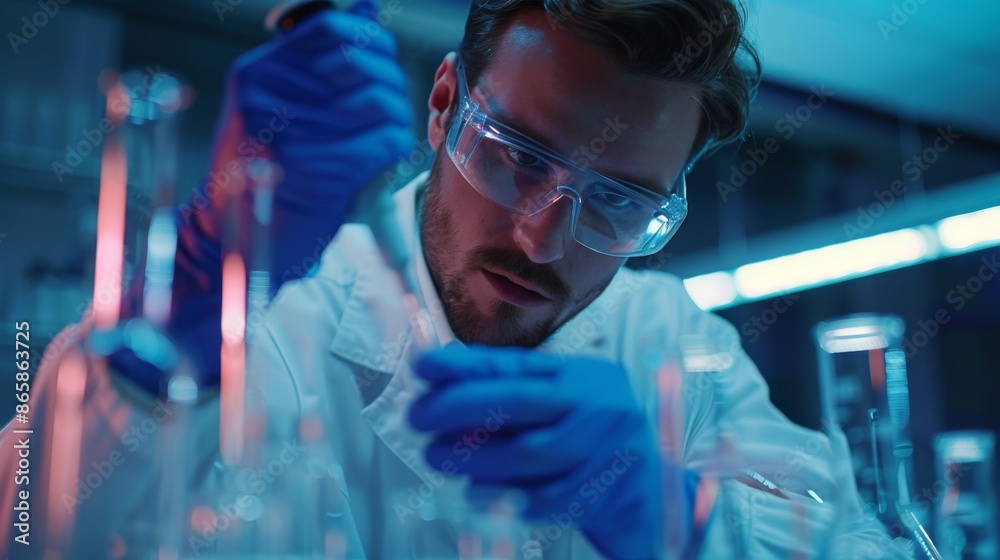 Precision in Science: Scientist Conducting Chemical Experiment with Pipette in High-Tech Lab Precision in Science: Scientist Conducting Chemical Experiment with Pipette in High-Tech Lab