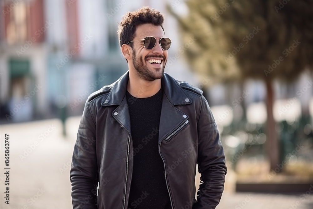 Portrait of a handsome young man in a black leather jacket and sunglasses smiling at the camera. Portrait of a handsome young man in a black leather jacket and sunglasses smiling at the camera.