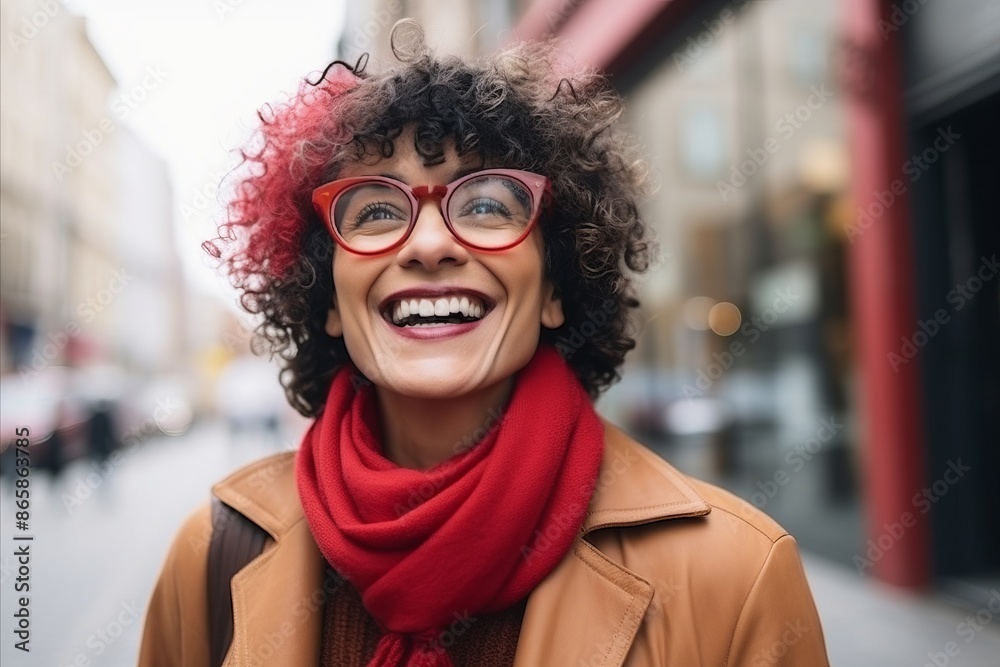 Portrait of a happy senior woman with red curly hair wearing glasses and red scarf Portrait of a happy senior woman with red curly hair wearing glasses and red scarf
