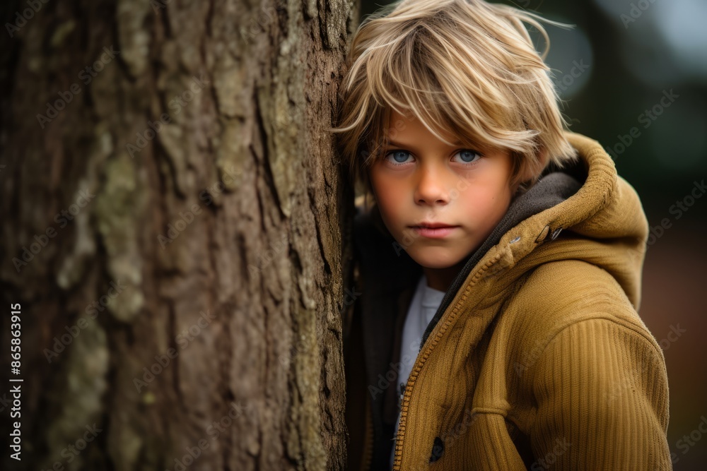 A portrait of a cute little boy in a yellow coat leaning against a tree. A portrait of a cute little boy in a yellow coat leaning against a tree.