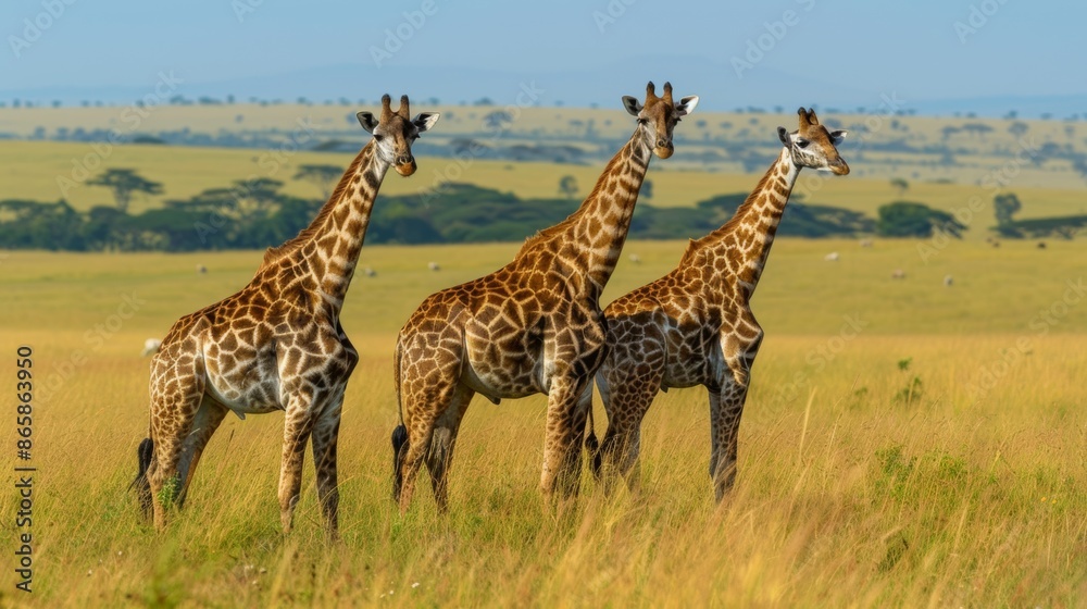Obraz premium Group of Elegant Giraffes in the Middle of the Green Grass of the Savanna