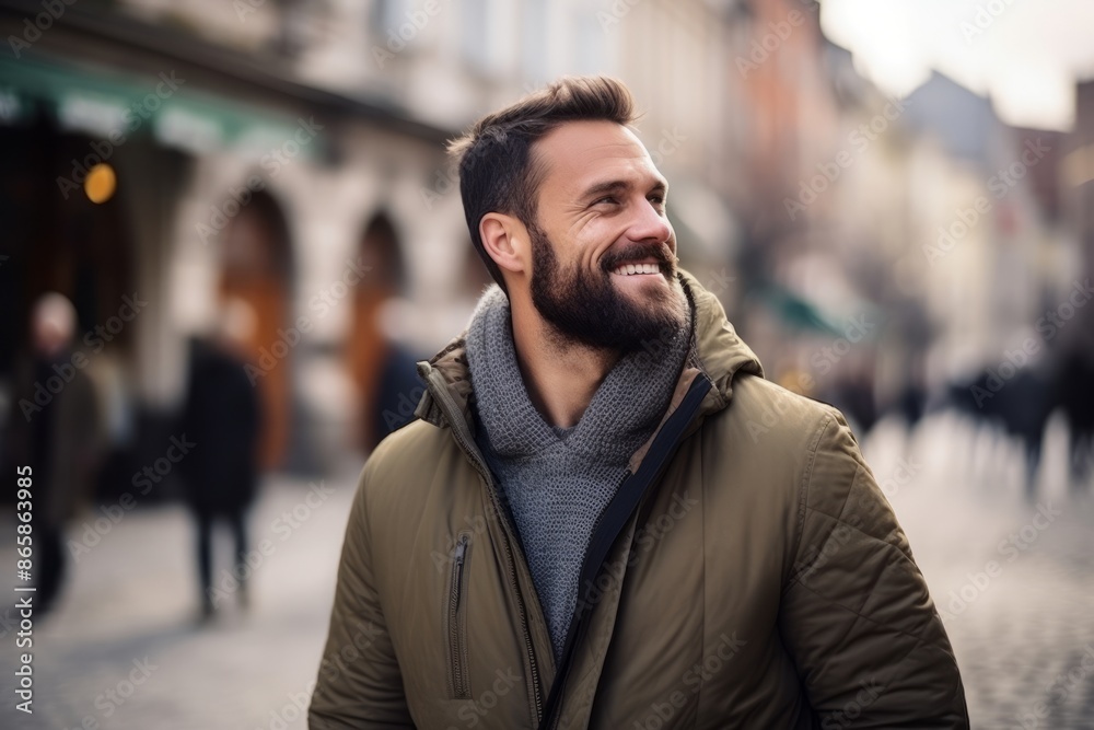 Portrait of a handsome young man smiling in a city street. Portrait of a handsome young man smiling in a city street.