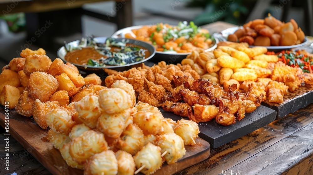 gourmet deepfried delights arranged in mouthwatering display goldenbrown textures glistening with perfect crispiness artful composition on rustic wooden board