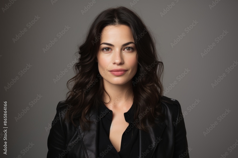 Portrait of a beautiful young brunette woman in a black leather jacket. Portrait of a beautiful young brunette woman in a black leather jacket.