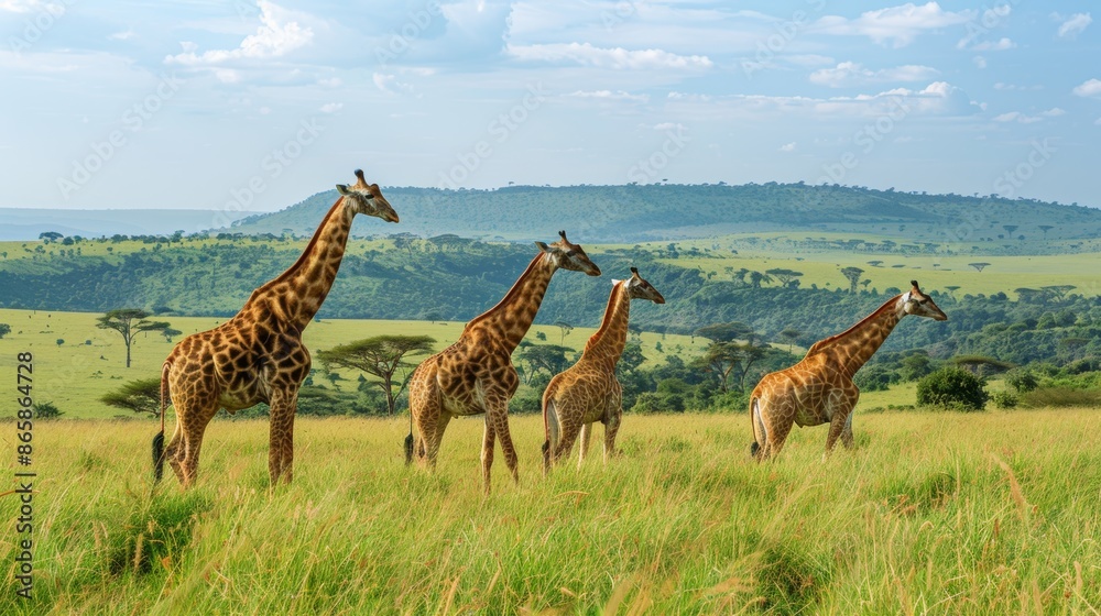 Fototapeta premium Group of Elegant Giraffes in the Middle of the Green Grass of the Savanna