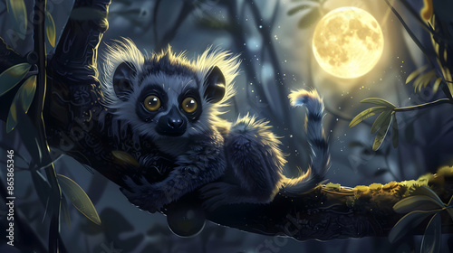 a black and white animal with yellow eyes and a black nose sits on a tree branch under a full moon, surrounded by green leaves photo