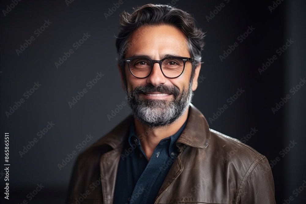 Portrait of a handsome mature man in leather jacket and glasses. Portrait of a handsome mature man in leather jacket and glasses.