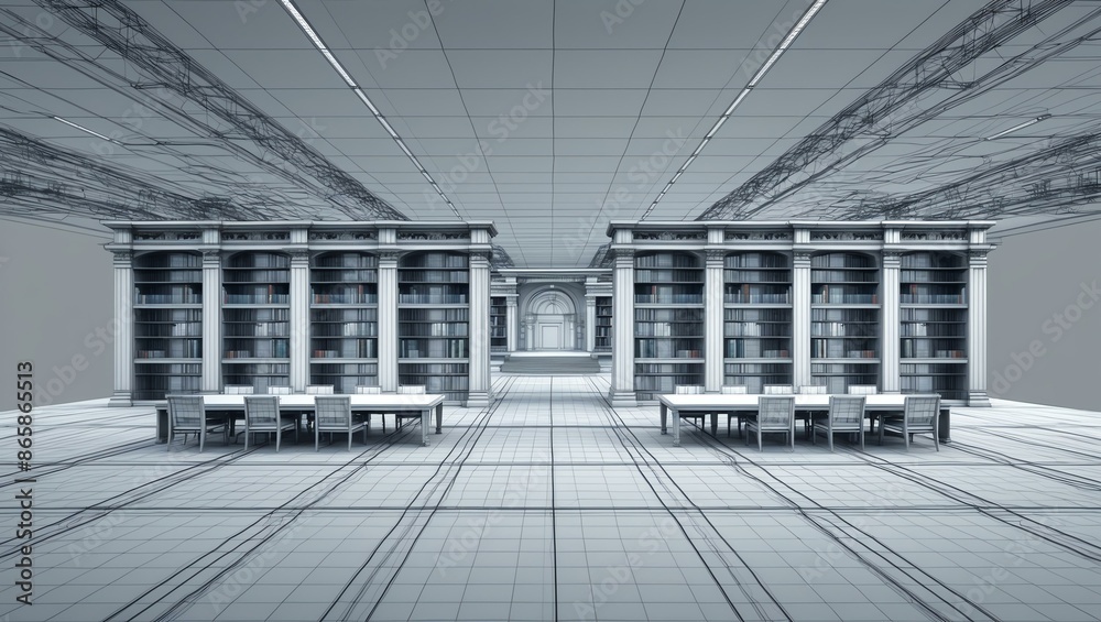 Fototapeta premium 3d wireframe render of a library architecture abstract background