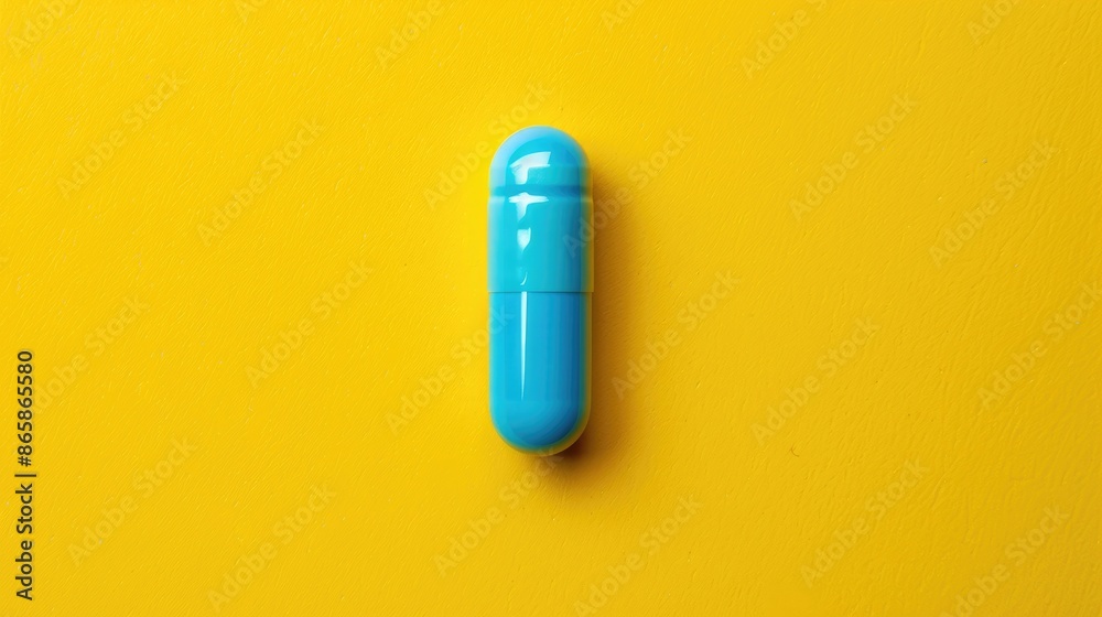 Blue pill capsule on yellow background close up top view with copy space Blue pill capsule on yellow background close up top view with copy space