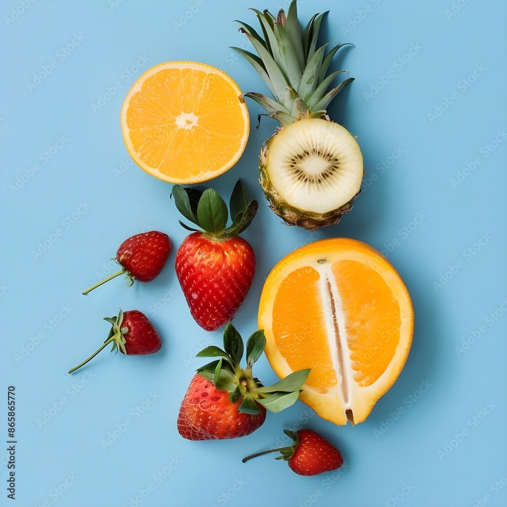 fruits and berries on sky blue background,Photo a vertical shot of snow covered pine trees in a white forest, fruits and berries on sky blue background,Photo a vertical shot of snow covered pine trees in a white forest,