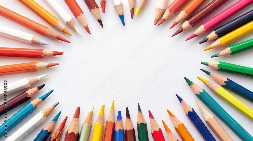 Colored pencils on a creative art background White sheets with space for text Colored pencils on a creative art background White sheets with space for text