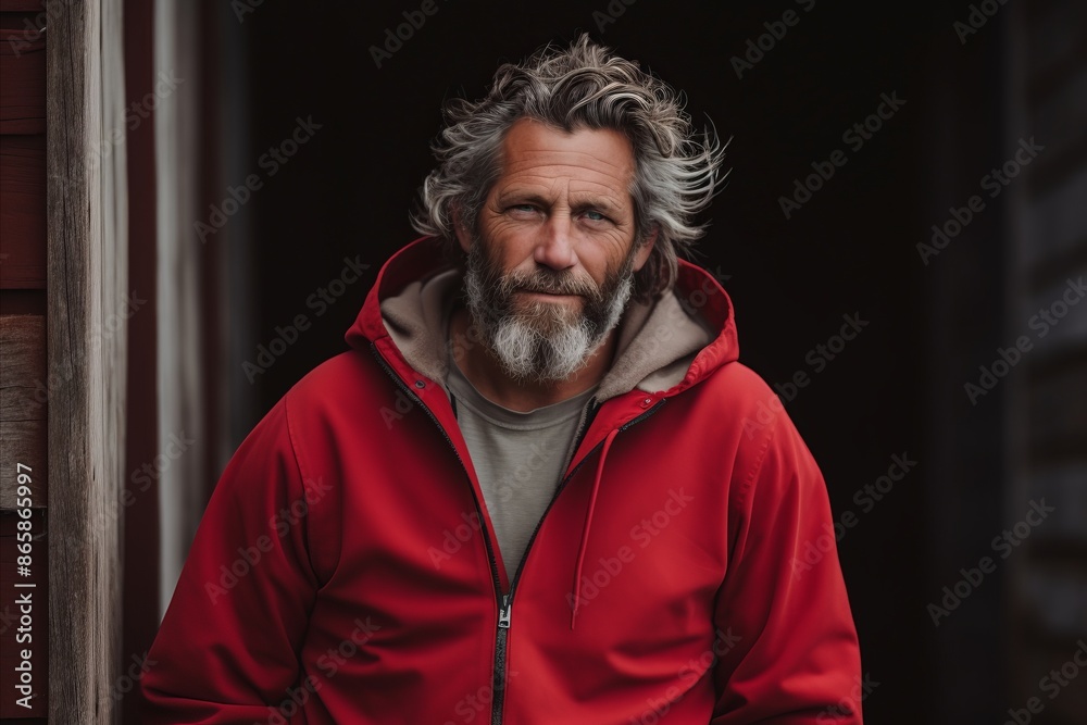 Portrait of a senior man in a red hoodie looking at the camera.