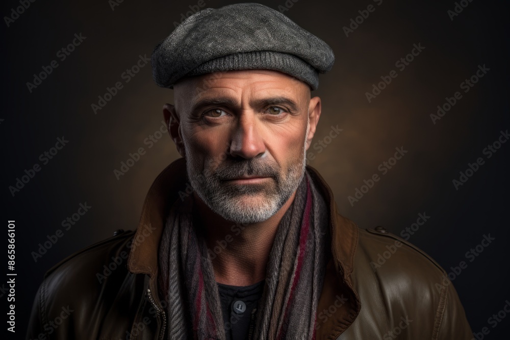 Portrait of a senior man with a gray beard wearing a hat and a brown leather jacket. Portrait of a senior man with a gray beard wearing a hat and a brown leather jacket.