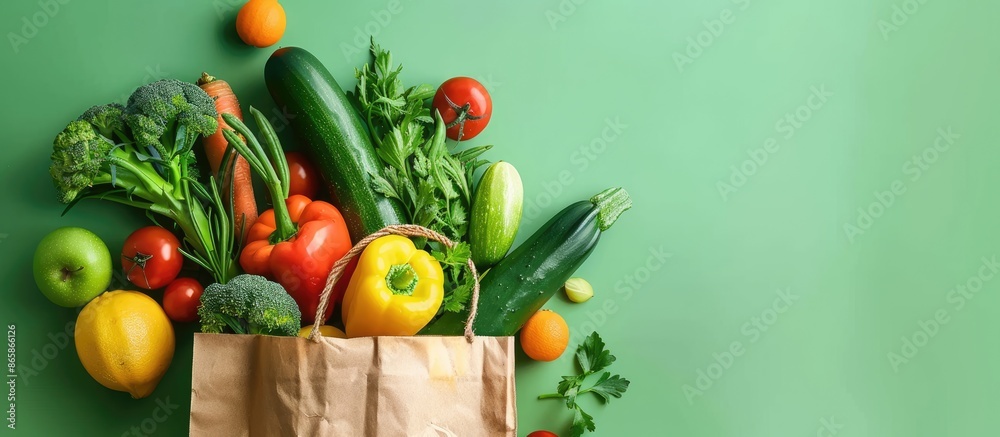 Healthy food shopping or delivery concept with vegetables and fruits in a paper bag on a green background. Vegan and vegetarian groceries and the idea of clean eating at a supermarket. Healthy food shopping or delivery concept with vegetables and fruits in a paper bag on a green background. Vegan and vegetarian groceries and the idea of clean eating at a supermarket.