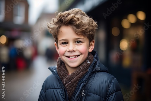 Portrait of a cute little boy smiling at the camera in the city