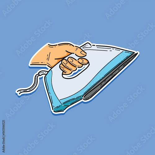 Electric steam iron for clothes. Domestic appliance with cord, plug. Home device with cable. Press iron, house equipment, side view. Vector illustration design isolated on blue background. Modern elec photo