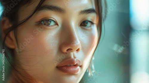 intimate closeup portrait of young asian woman natural makeup and soft side lighting highlighting delicate features conveying a sense of confidence and serenity