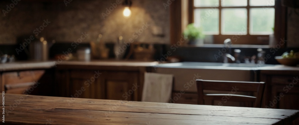 Wooden table on blurred Rustic in sharp focus bustling kitchen Wooden table on blurred Rustic in sharp focus bustling kitchen