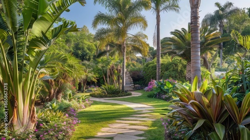 lush tropical backyard oasis towering palm trees exotic flowers natural stone pathway serene atmosphere © furyon
