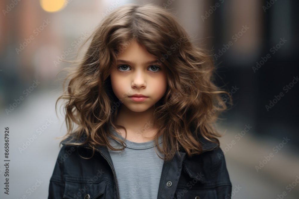 beautiful little girl with long curly hair looking at camera in city beautiful little girl with long curly hair looking at camera in city