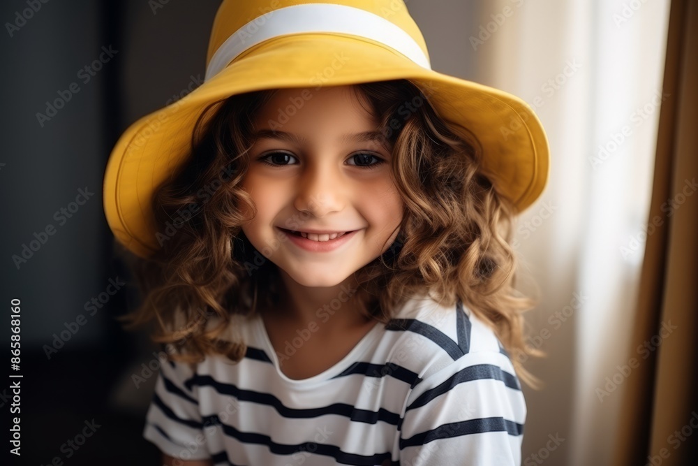 Portrait of a cute little girl in a yellow hat at home Portrait of a cute little girl in a yellow hat at home