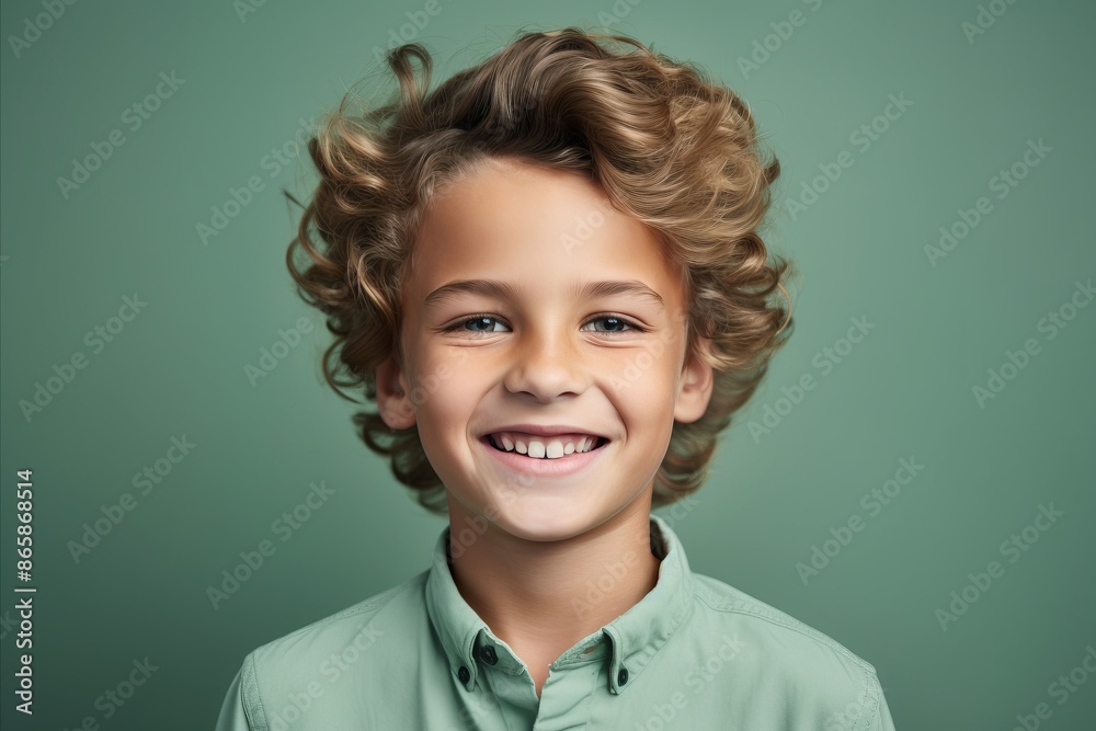 Portrait of a smiling little boy with curly hair on a green background Portrait of a smiling little boy with curly hair on a green background