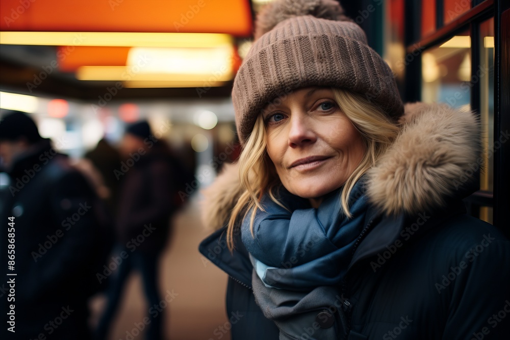 Portrait of mature woman in winter coat and hat standing on street