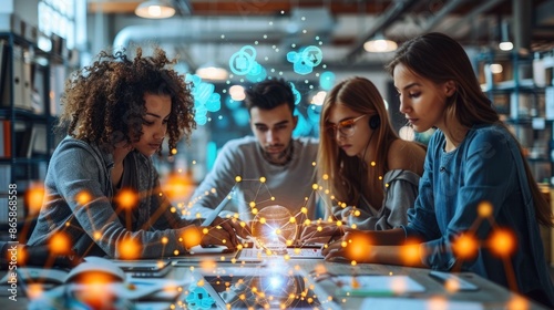 A group of diverse young professionals work together on a project, using a variety of digital tools and resources. They are all wearing casual clothing and are engaged in their work. The image is well photo