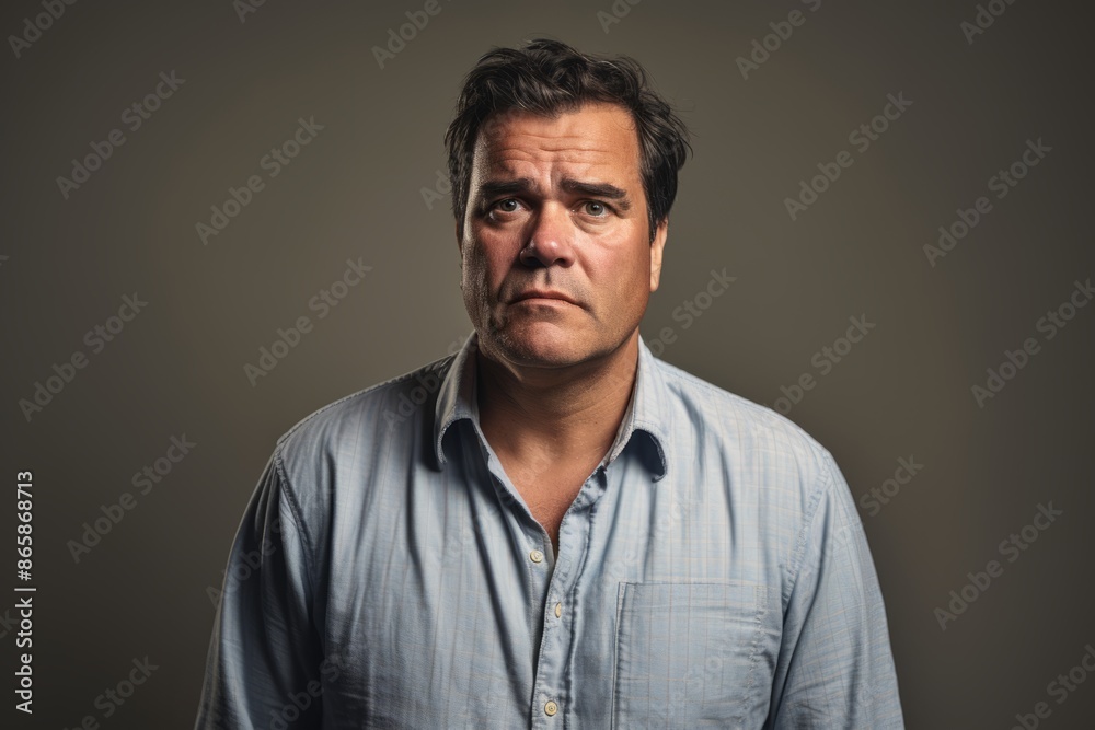 Portrait of a middle aged man in a blue shirt on a dark background Portrait of a middle aged man in a blue shirt on a dark background
