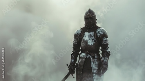 medieval warrior stance gleaming armor atmospheric fog dramatic lighting fantasy landscape backdrop © furyon